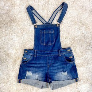 Women's Distressed Front Pocket Short Overalls